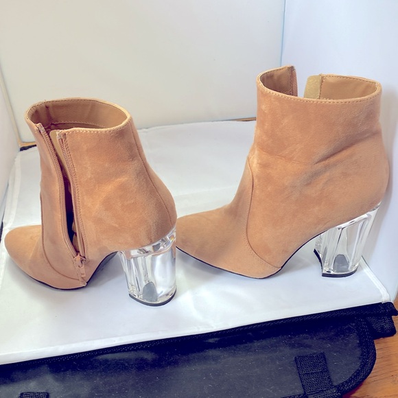 Tan Faux Suede Booties, maybe sz 61/2 to 7, 4 in acrylic heel, some flaws. - Picture 3 of 10